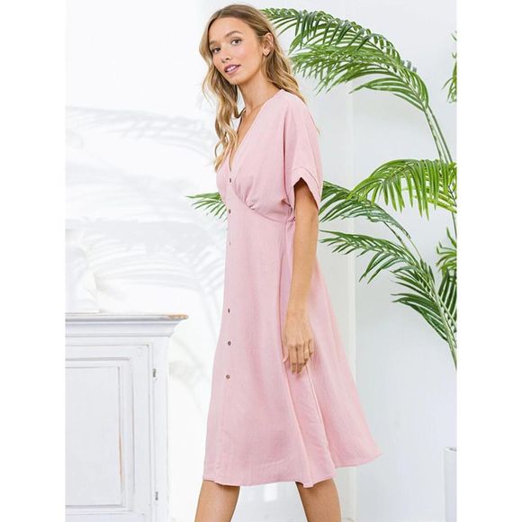 Pink Short Sleeve V-Neck Button Down Midi Dress - Picture 2 of 4